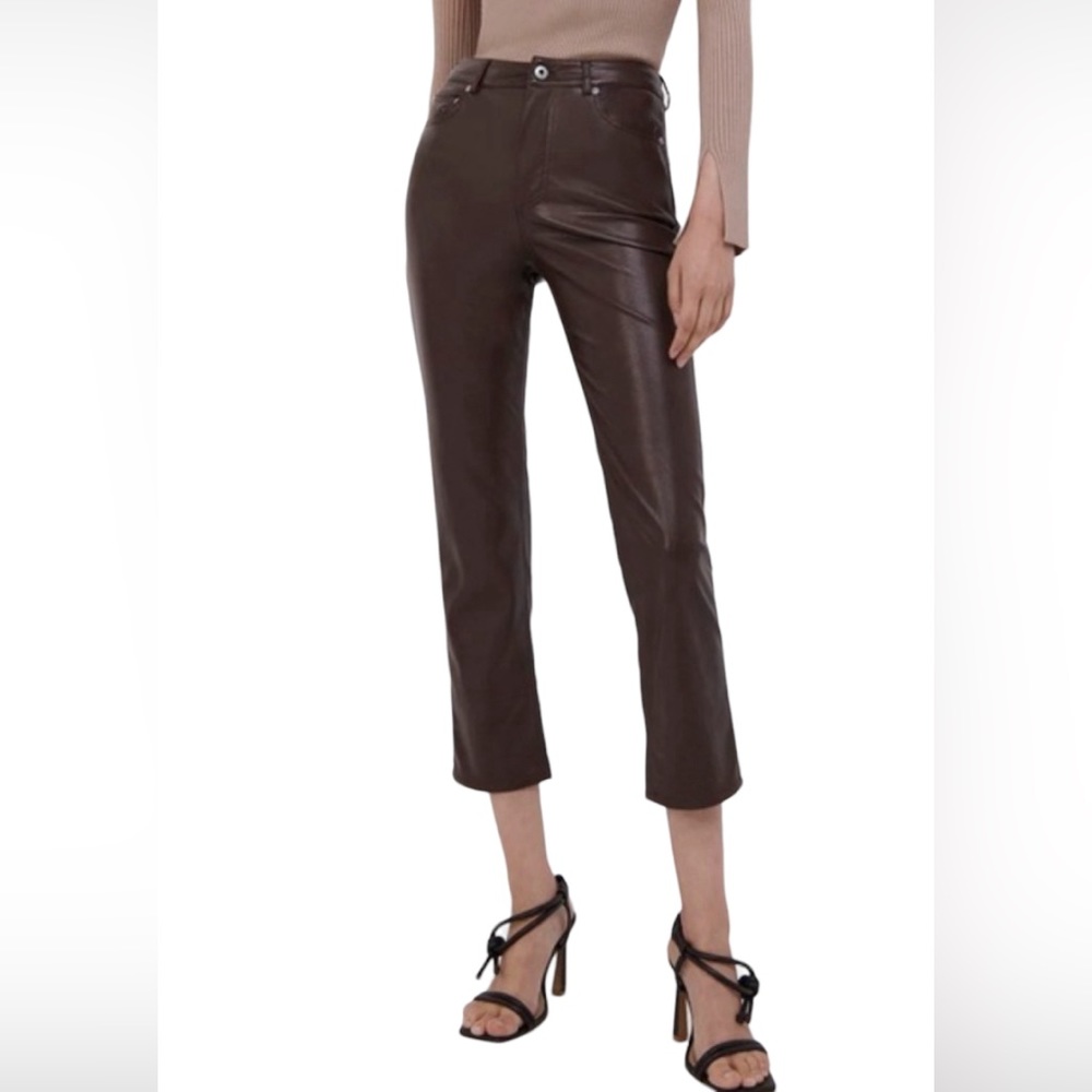 Jonathan Simkhai River Vegan Leather Pants Brown High Rise Straight Leg 10 NWT